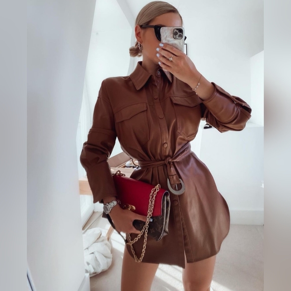 ZARA NWT BRANDY BELTED FAUX LEATHER SHIRT Bloggers - Picture 4 of 16